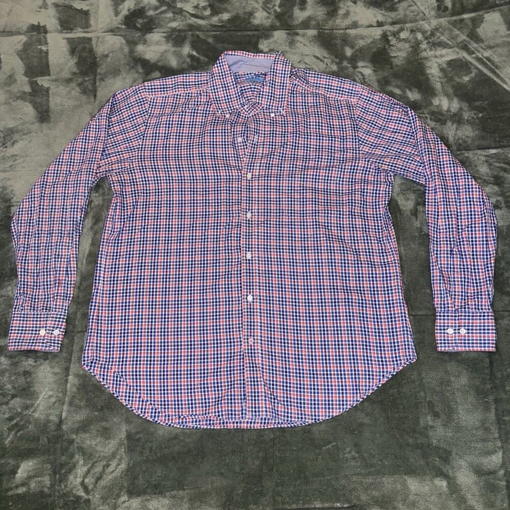 J Mclaughlin Shirt Men's Medium Multicolor Red Blue Button Down Long Sleeve